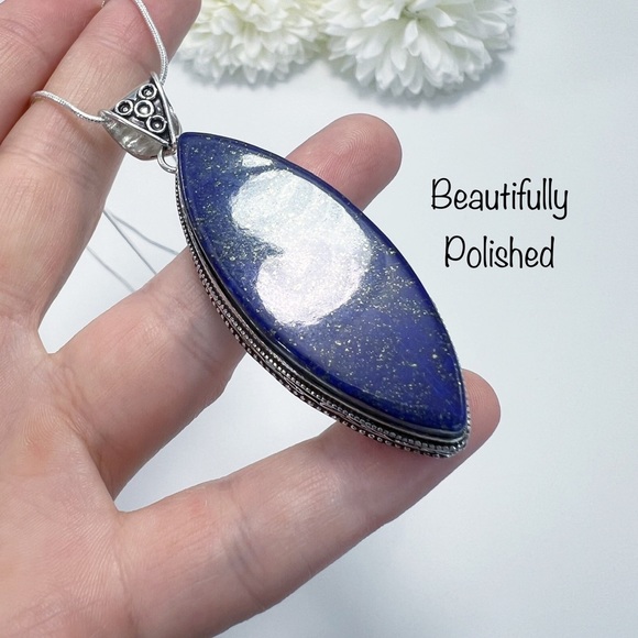 Large Lapis Lazuli Pendant Necklace Sterling Silver 925 Marquise Vintage Antique - Picture 6 of 11